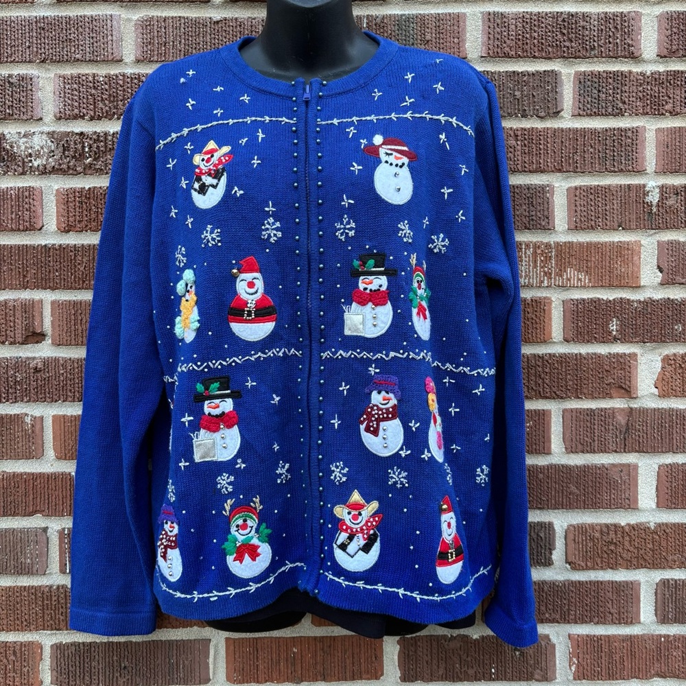 B. P. Design Ugly Christmas Sweater Blue Snowmen Full Zip Pom Poms Sz L
